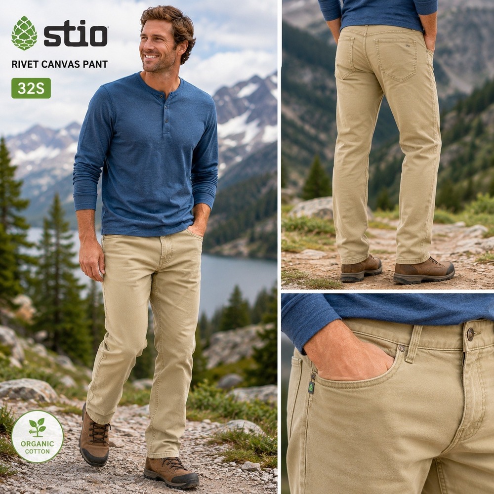 Stio Rivet Canvas Pants Mens 32S Khaki Tan Organic Cotton Stretch Outdoor 2335